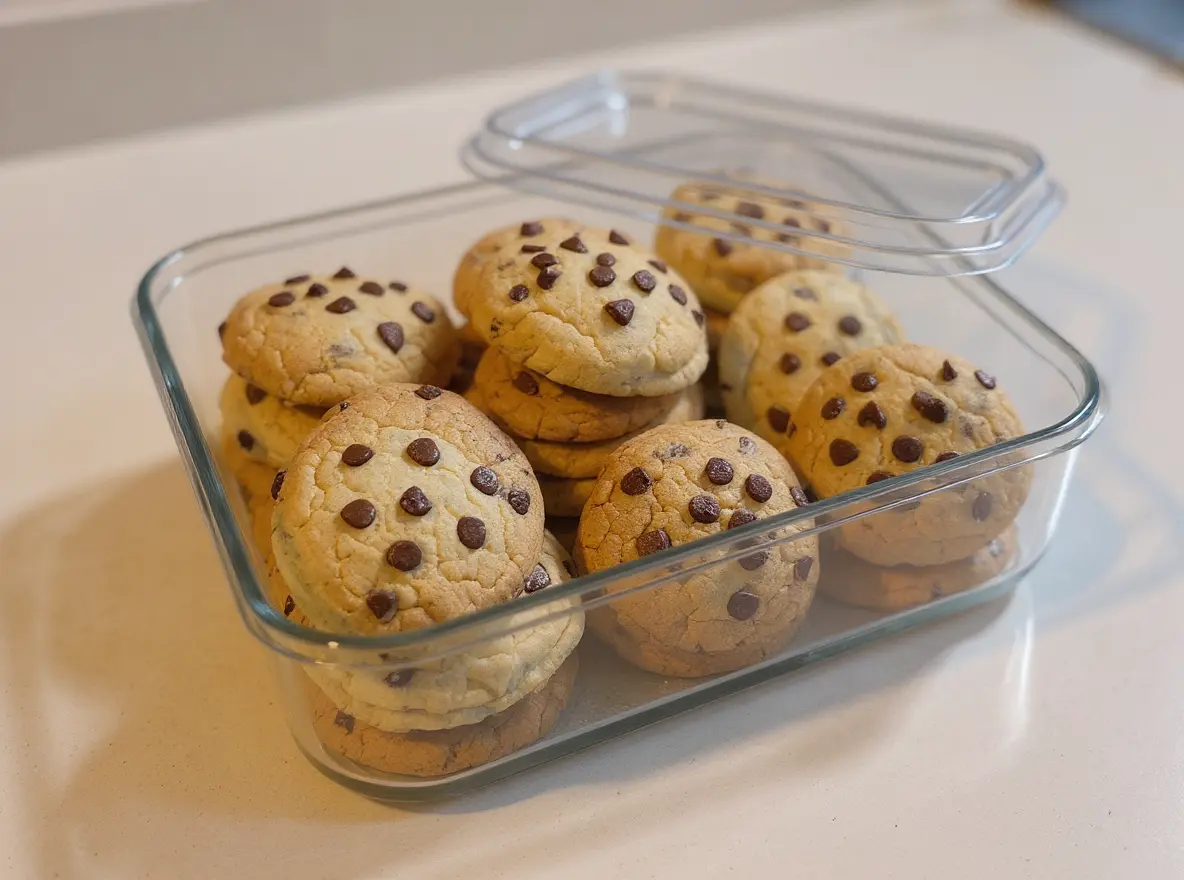 Cookies au thermomix conservés dans une boîte hermétique en verre avec couvercle pour garder la fraîcheur