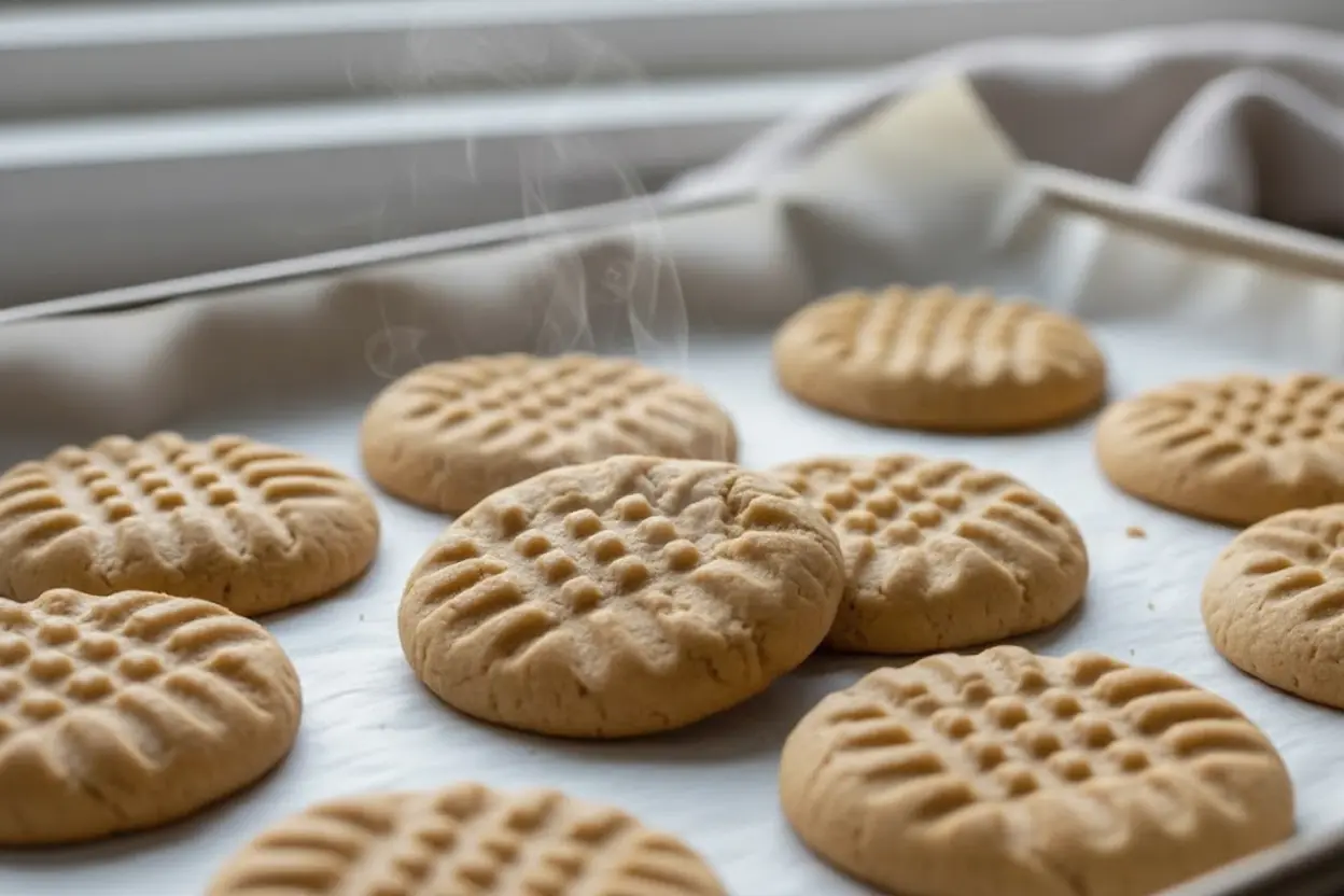 Cookies au beurre de cacahuète en train de cuire au four avec les bords qui commencent à dorer