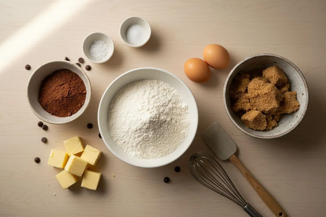 Ingrédients pour cookies au chocolat disposés sur un plan de travail : farine, cacao en poudre, sucre brun, beurre et œufs
