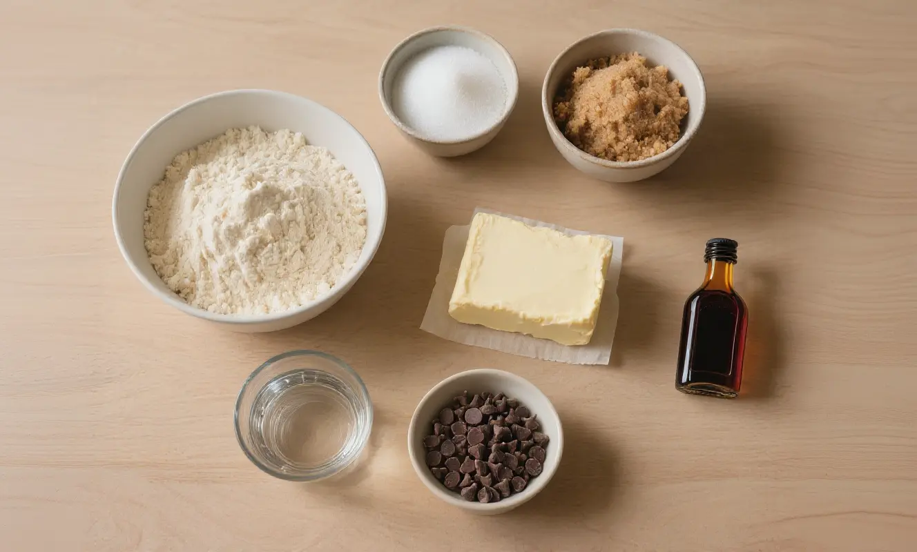 Ingrédients pour cookies sans œuf disposés sur un plan de travail : farine, sucre, beurre, pépites de chocolat et eau