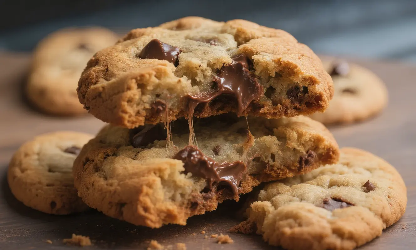 Cookie au chocolat sans œuf cassé en deux montrant la texture moelleuse et fondante du centre