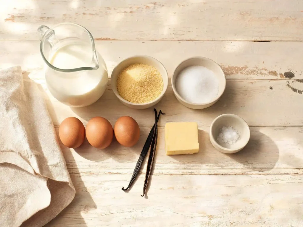 Ingrédients du gâteau de semoule : lait, semoule fine, sucre, œufs, vanille et beurre