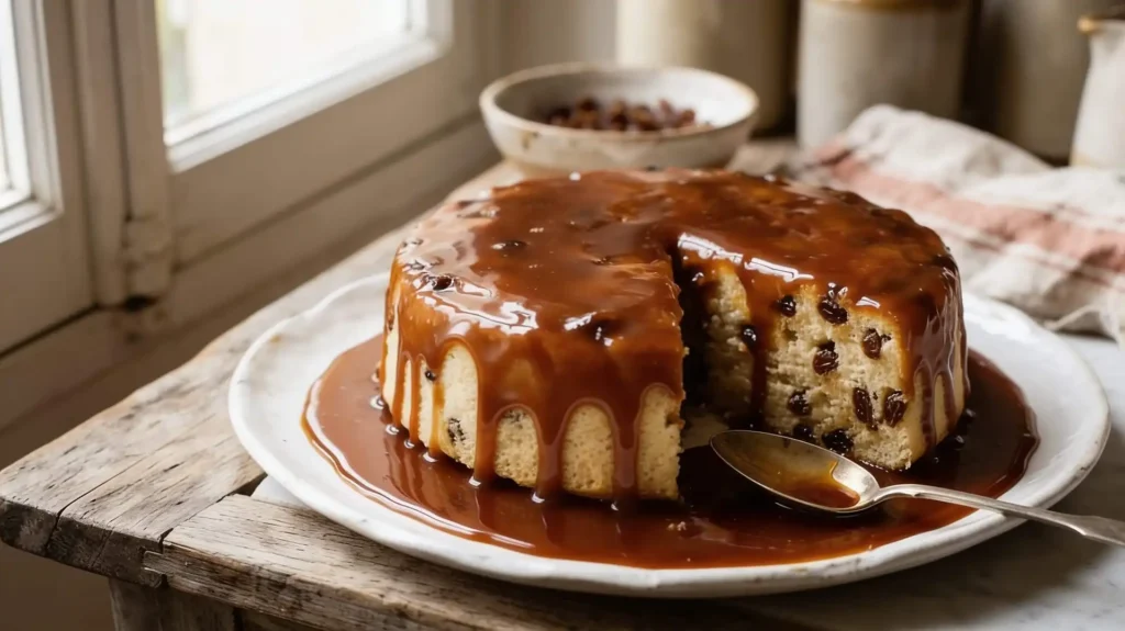 Gâteau de semoule au caramel et raisins secs démoulé, nappé de caramel coulant