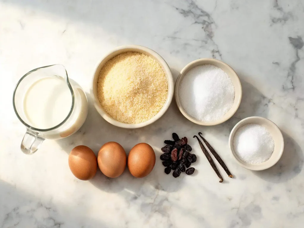 Ingrédients du gâteau de semoule au caramel et raisins secs : lait, semoule, sucre, œufs, raisins et vanille