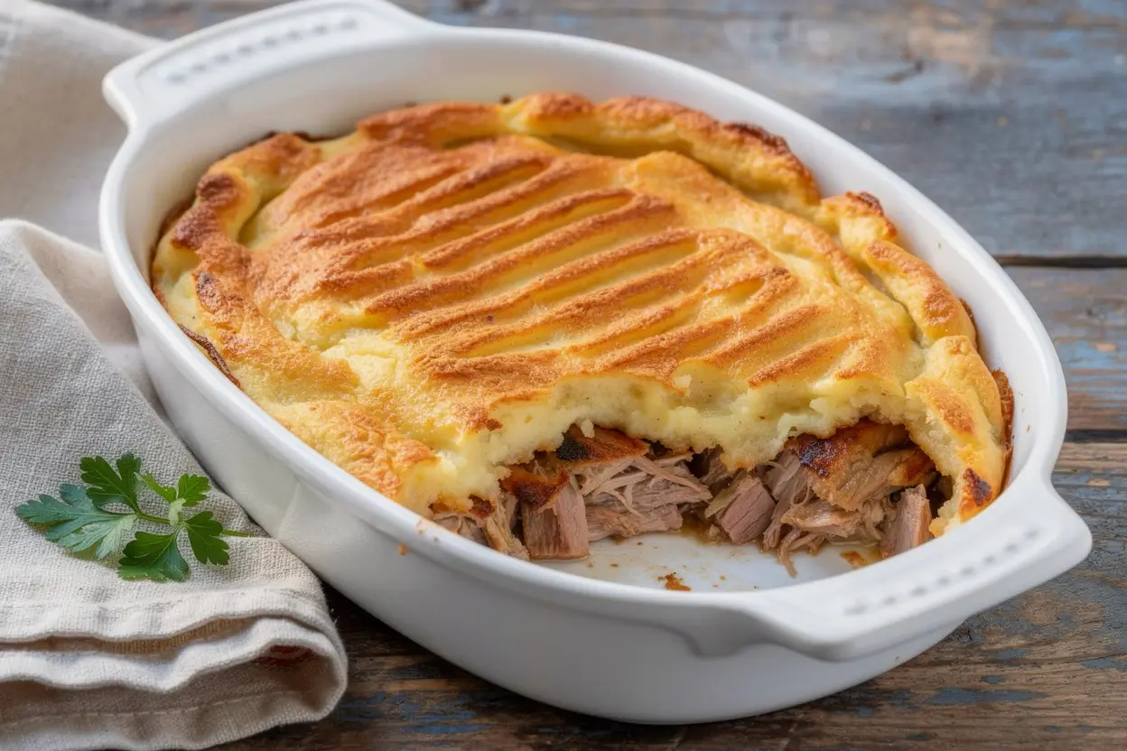 Hachis parmentier au confit de canard doré au four dans un plat à gratin