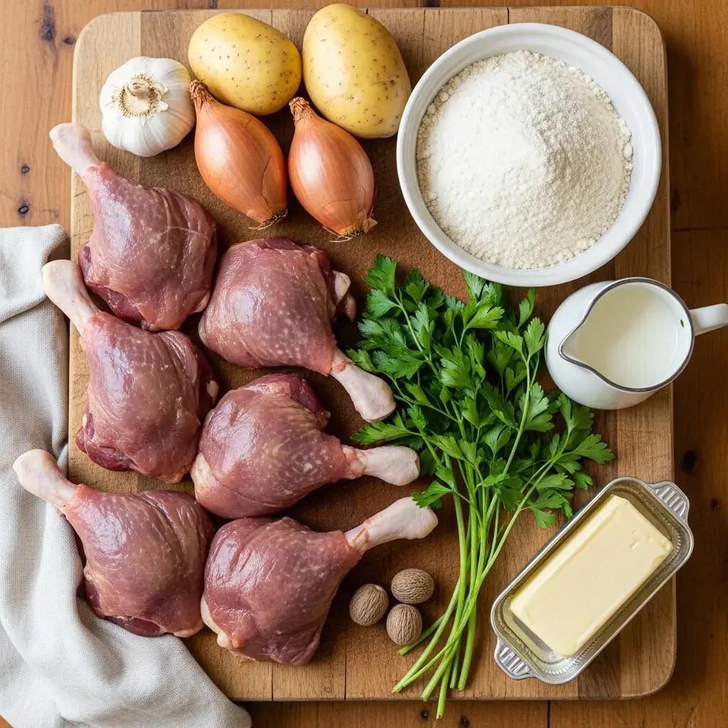 Cuisses de confit de canard, pommes de terre et échalotes posées sur un plan de travail