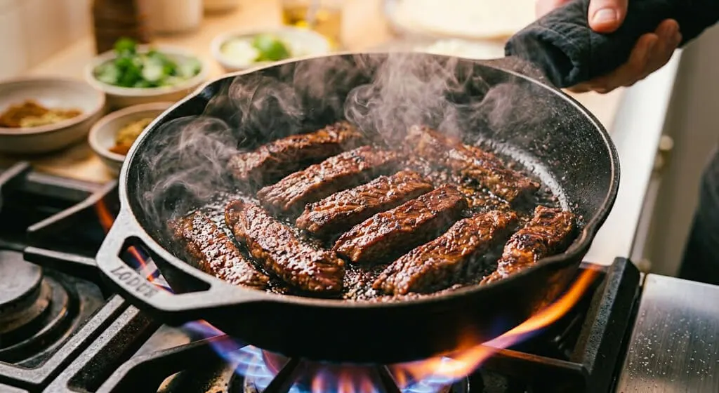 Lanières de bœuf mariné saisissant dans une poêle très chaude, développant une belle croûte dorée, crucial pour la recette fajitas bœuf.