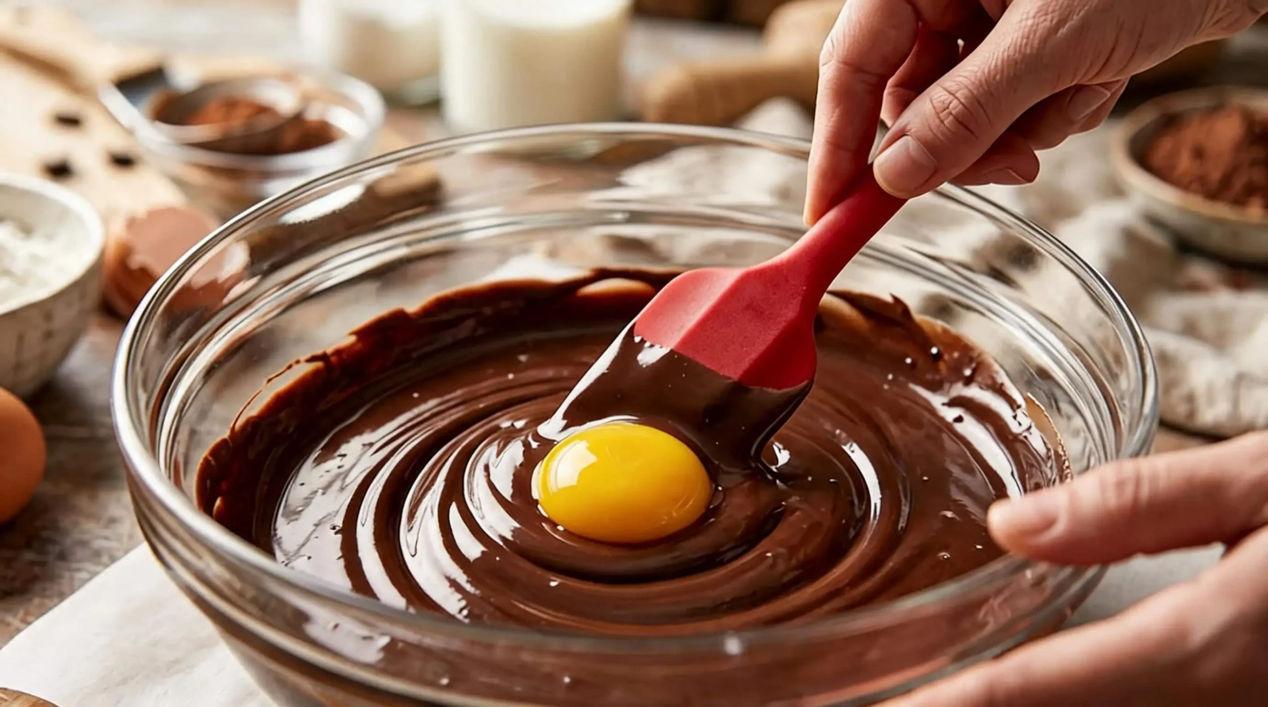Jaunes d'œufs incorporés au chocolat fondu brillant