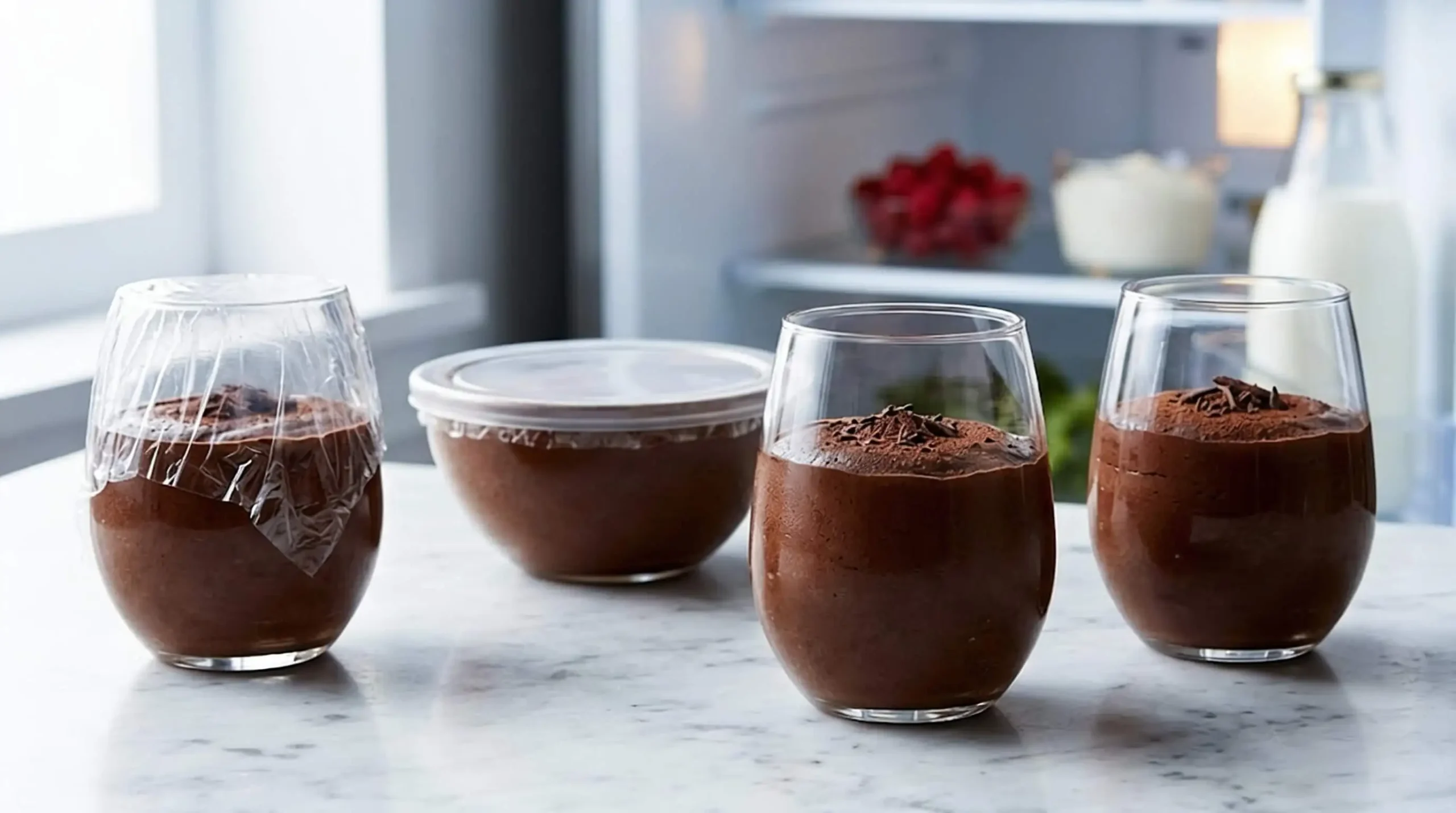 Mousse au chocolat noir emballée dans des tasses à conserver au réfrigérateur