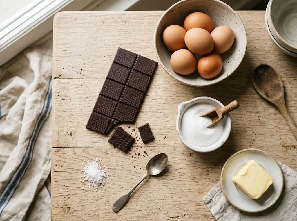 Ingrédients de la mousse au chocolat noir disposés sur un plan de travail