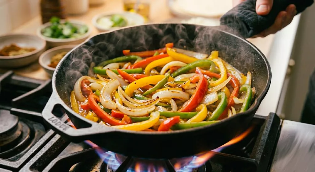 Poivrons rouges et verts, et oignons émincés sautant dans une poêle chaude, dégageant une vapeur aromatique, pour la recette fajitas bœuf.