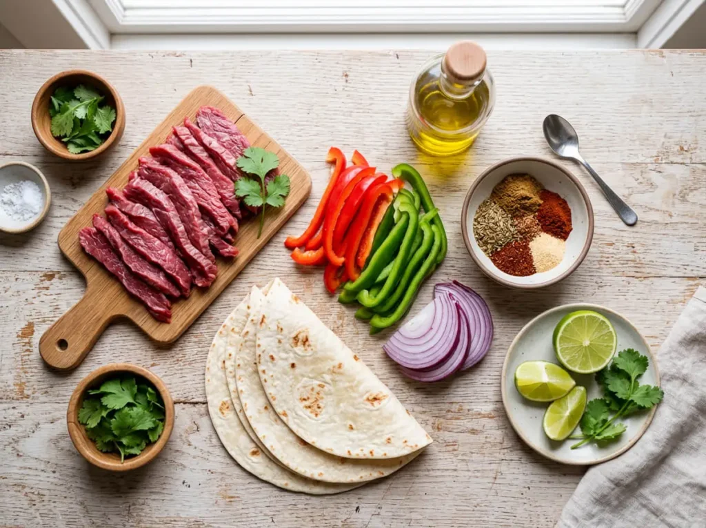 Ingrédients frais pour la recette fajitas bœuf : lanières de bœuf, poivrons rouges et verts, oignon, épices, citrons verts et tortillas sur une planche en bois.