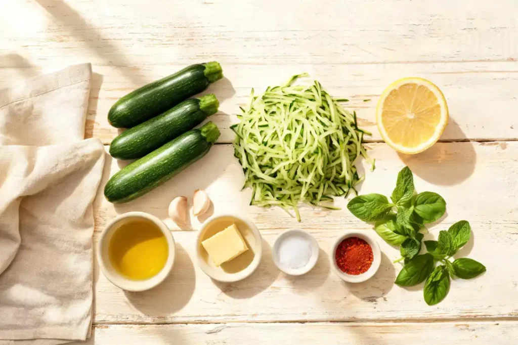 Ingrédients des courgettes râpées à la poêle : courgettes, ail, huile d'olive, beurre, sel, piment d'Espelette et herbes fraîches