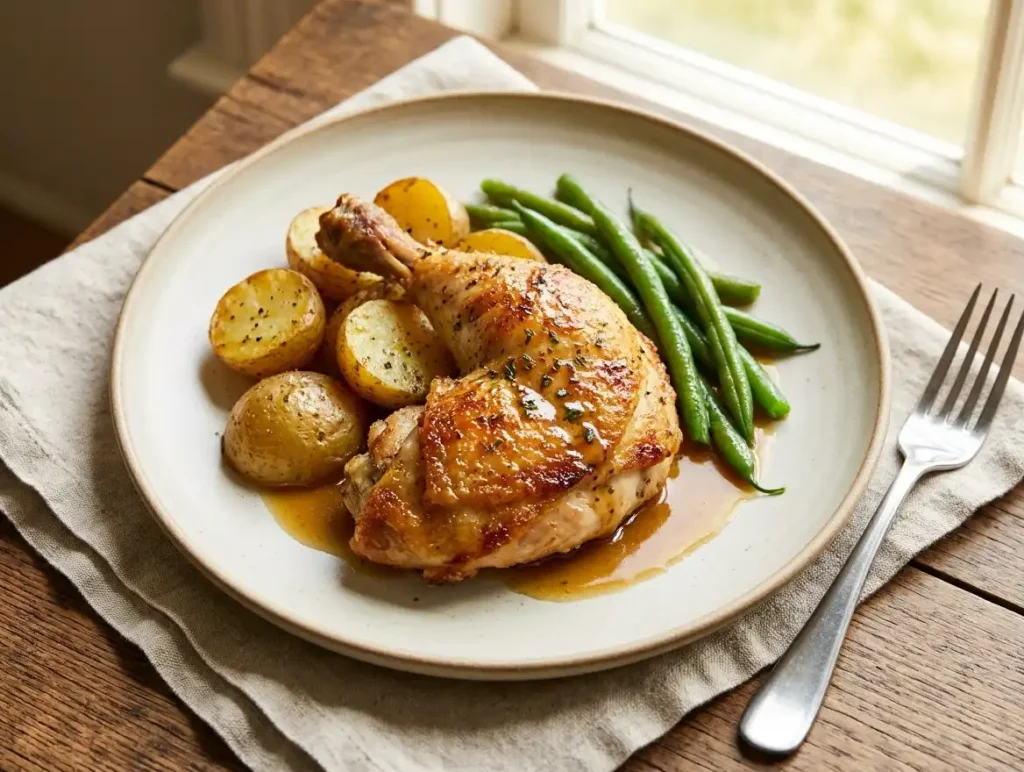 cuisse de poulet au four servie avec pommes de terre rôties et légumes verts