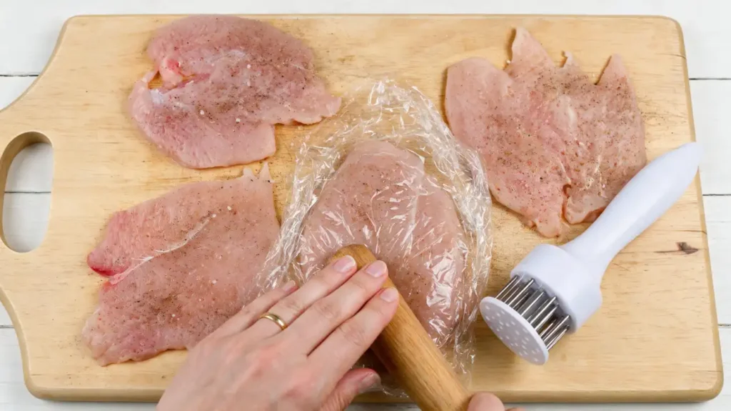Aplatir un blanc de poulet sous un film étirable avec un rouleau à pâtisserie