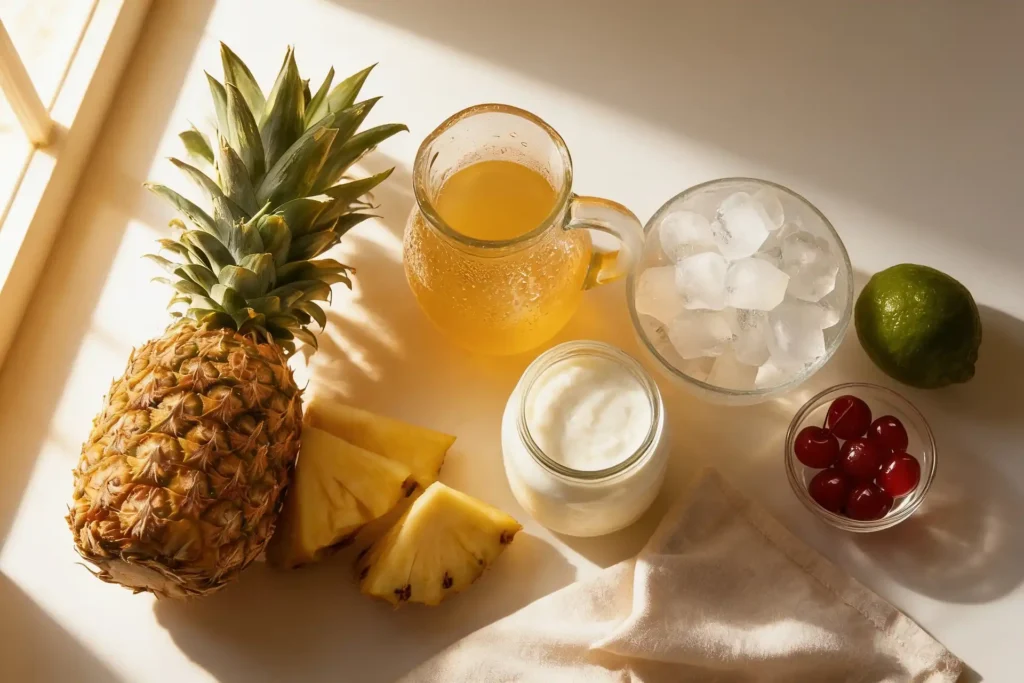 Ingrédients de la piña colada sans alcool : jus d'ananas, crème de coco, glaçons, citron vert, ananas frais et cerises