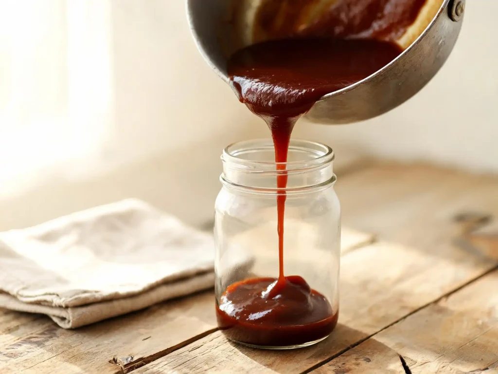 Sauce barbecue maison chaude versée en filet épais dans un bocal en verre propre