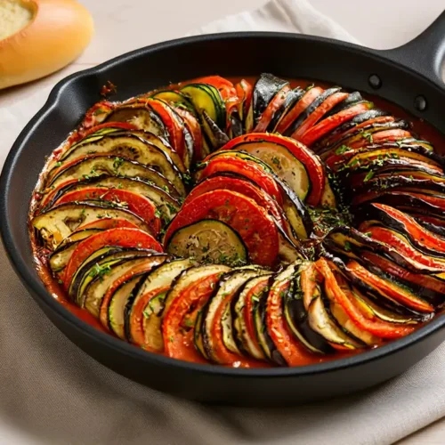 Ratatouille recette traditionnelle en tranches fines, aubergine, courgette et tomate, cuite au four.