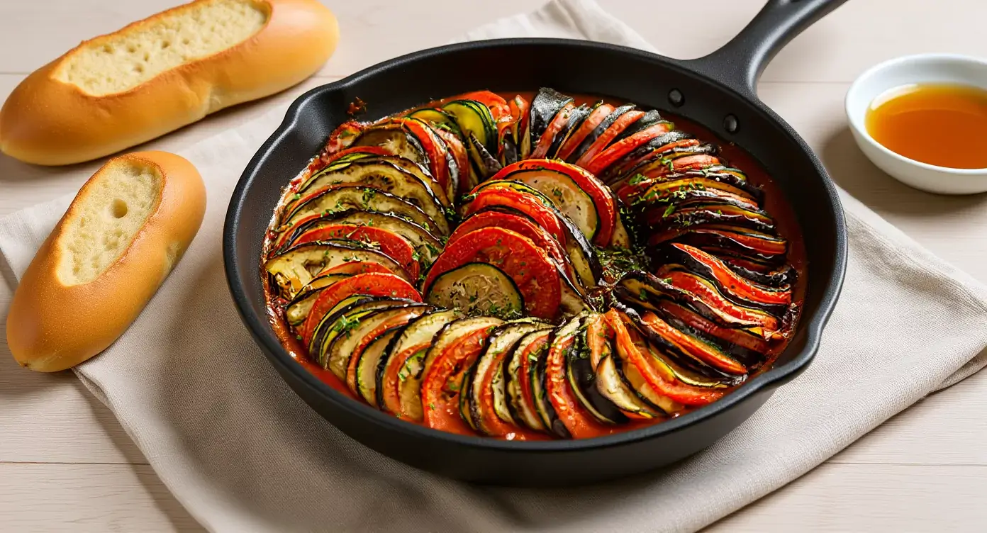 Ratatouille recette traditionnelle en tranches fines, aubergine, courgette et tomate, cuite au four.