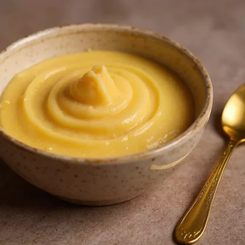 Notre recette frangipane maison parfaite, crème d'amande onctueuse dans un bol avec une cuillère dorée