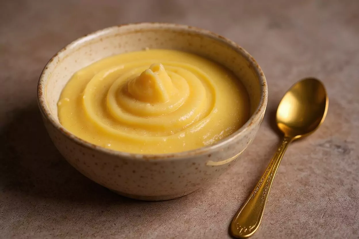 Notre recette frangipane maison parfaite, crème d'amande onctueuse dans un bol avec une cuillère dorée