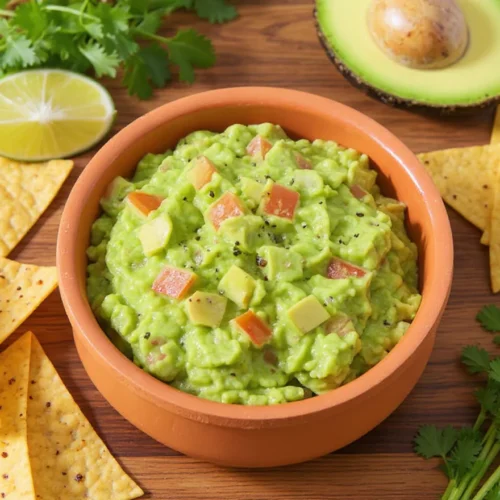 Bol de guacamole fini avec chips tortillas, fond coloré mexicain, éclairage naturel