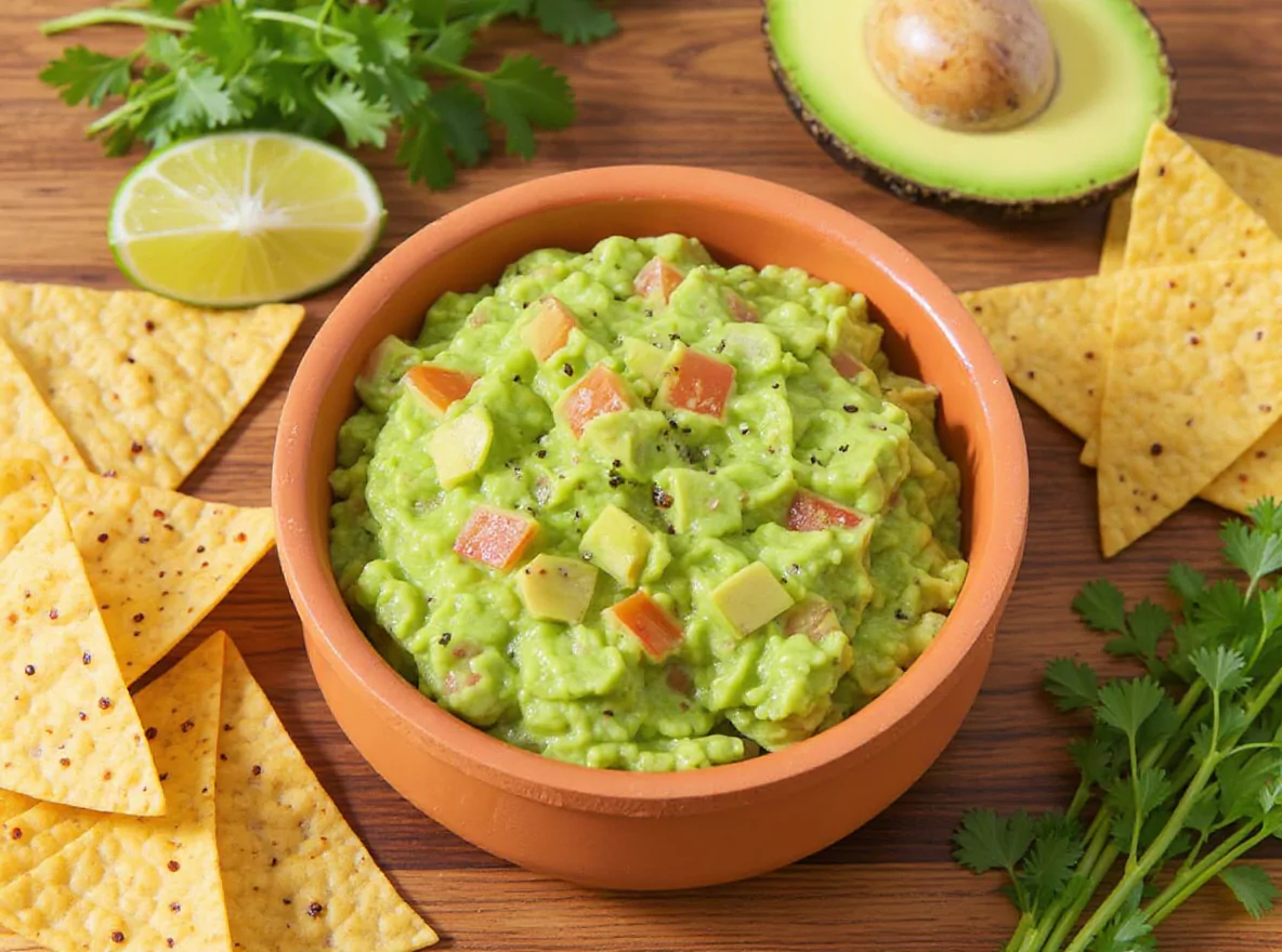 Bol de guacamole fini avec chips tortillas, fond coloré mexicain, éclairage naturel