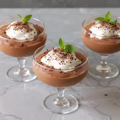 Mousse au chocolat traditionnelle servie dans des verrines élégantes avec copeaux de chocolat - Recette Mousse au chocolat