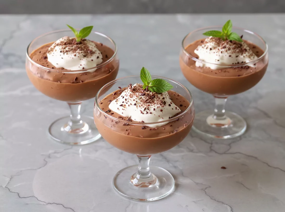 Mousse au chocolat traditionnelle servie dans des verrines élégantes avec copeaux de chocolat - Recette Mousse au chocolat