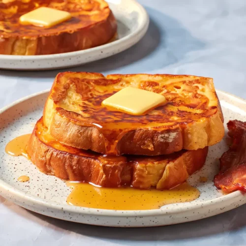 Pile de notre recette pain perdu facile et moelleuse, garnie de beurre et de sirop.