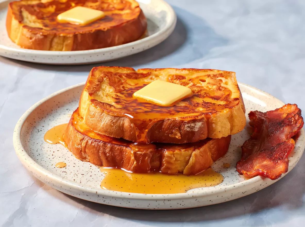 Pile de notre recette pain perdu facile et moelleuse, garnie de beurre et de sirop.