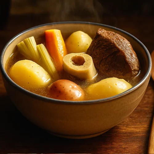 Notre recette pot au feu traditionnelle servie avec bouillon, viandes tendres et légumes fondants.