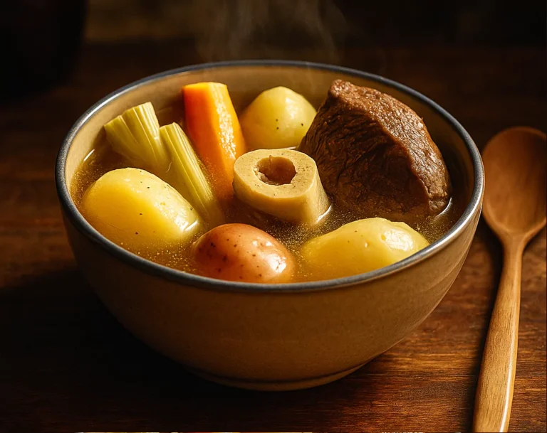 Notre recette pot au feu traditionnelle servie avec bouillon, viandes tendres et légumes fondants.