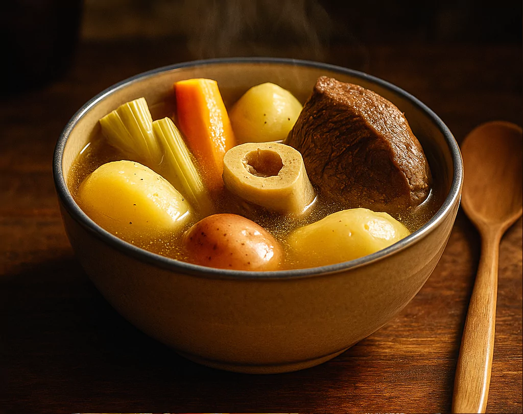 Notre recette pot au feu traditionnelle servie avec bouillon, viandes tendres et légumes fondants.