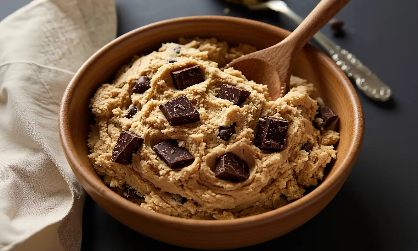 Bol de pâte à cookie crue sans œufs avec morceaux de chocolat et cuillère en bois