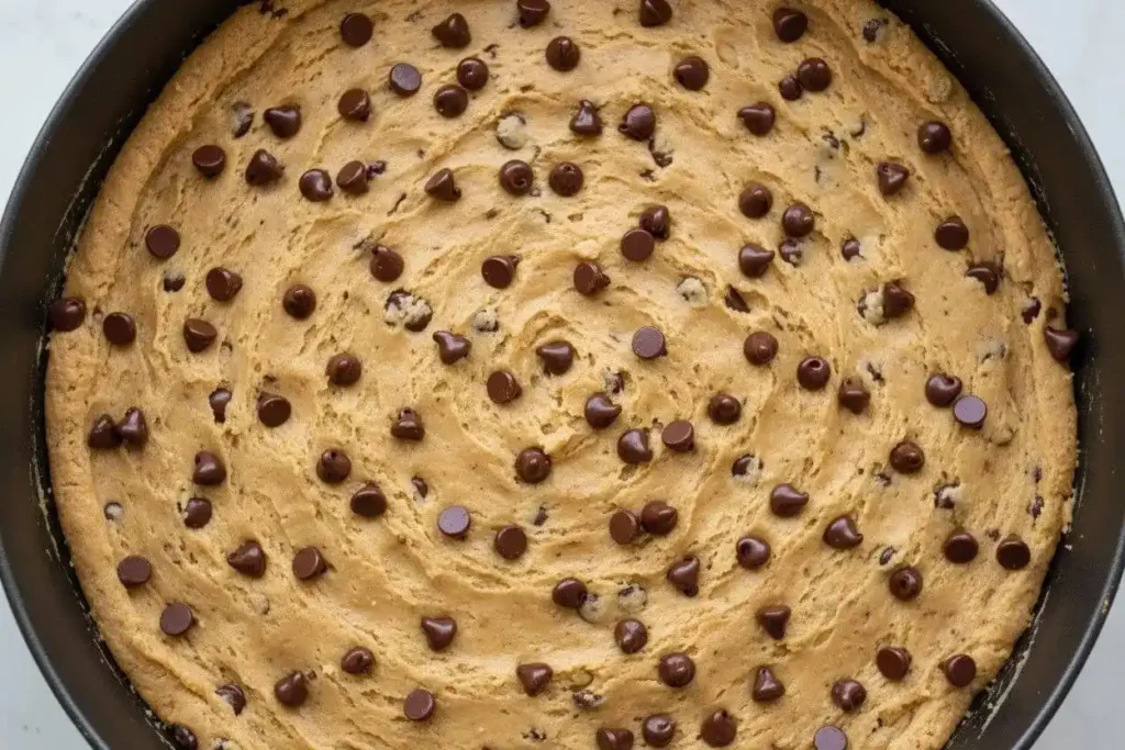 Pâte cookie géant étalée dans moule à pizza avant cuisson, pépites de chocolat réparties