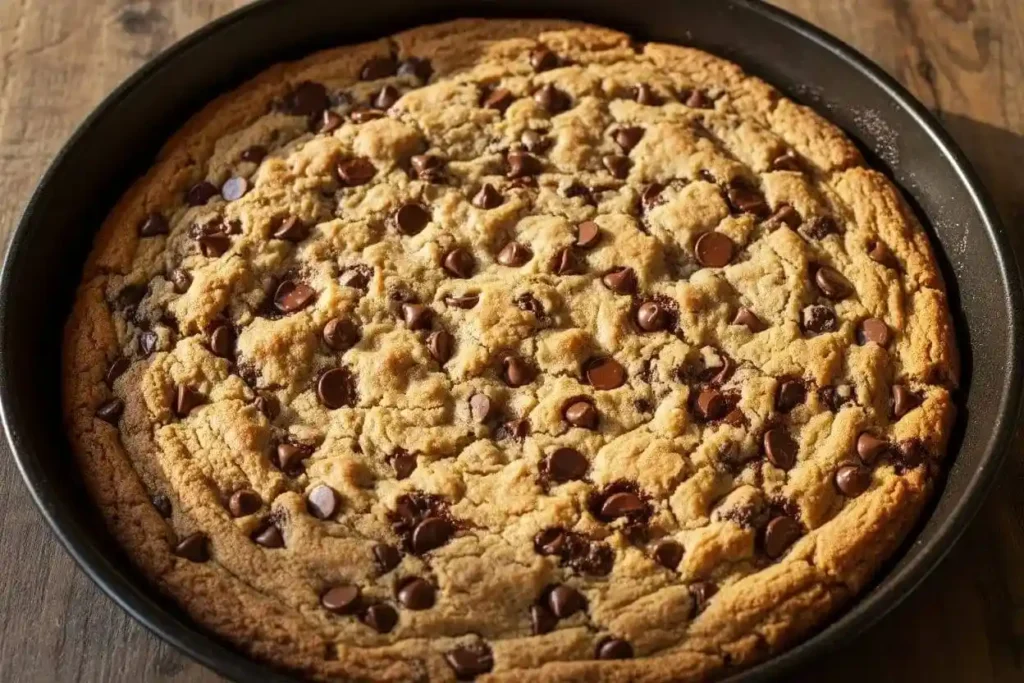 Cookie géant moelleux aux pépites de chocolat dans un moule à pizza, recette facile pour 16 personnes