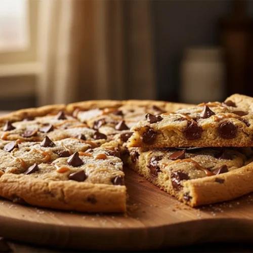Cookie géant moelleux découpé en 16 parts triangulaires, texture fondante visible à l'intérieur