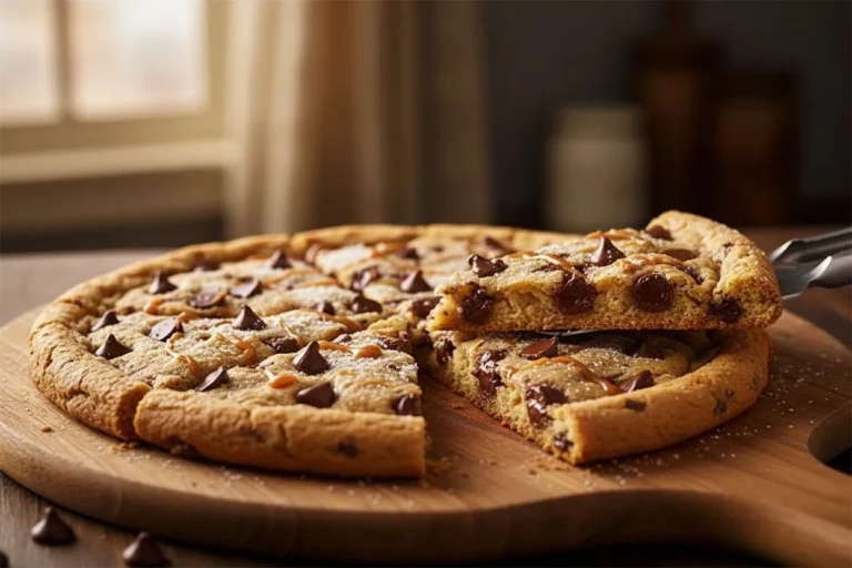 Cookie géant moelleux découpé en 16 parts triangulaires, texture fondante visible à l'intérieur