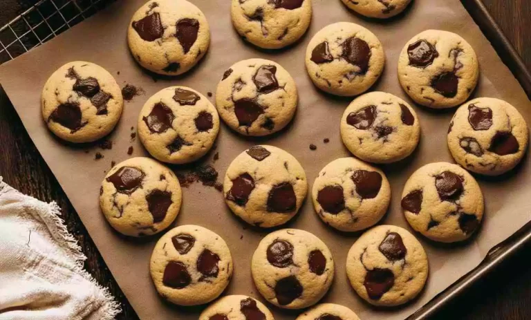 Cookies sans gluten aux pépites de chocolat disposés sur une plaque de cuisson, moelleux et dorés avec de gros morceaux de chocolat visible