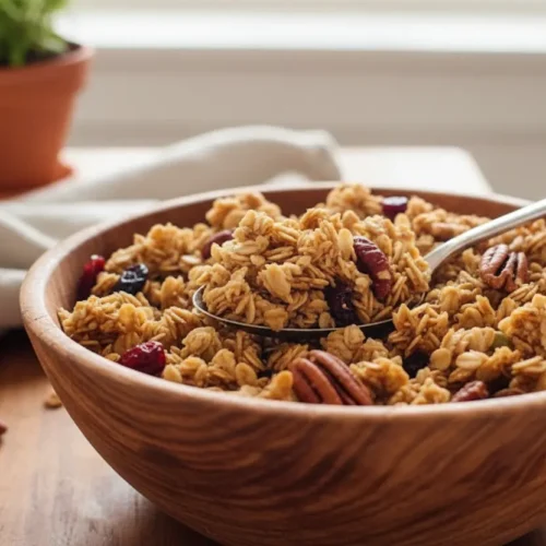 Granola maison doré dans un bol en bois rustique - recette Chef Antoine