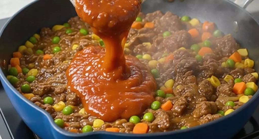 Ajout de concentré de tomate, sauce Worcestershire, carottes et petits pois à la viande hachée
