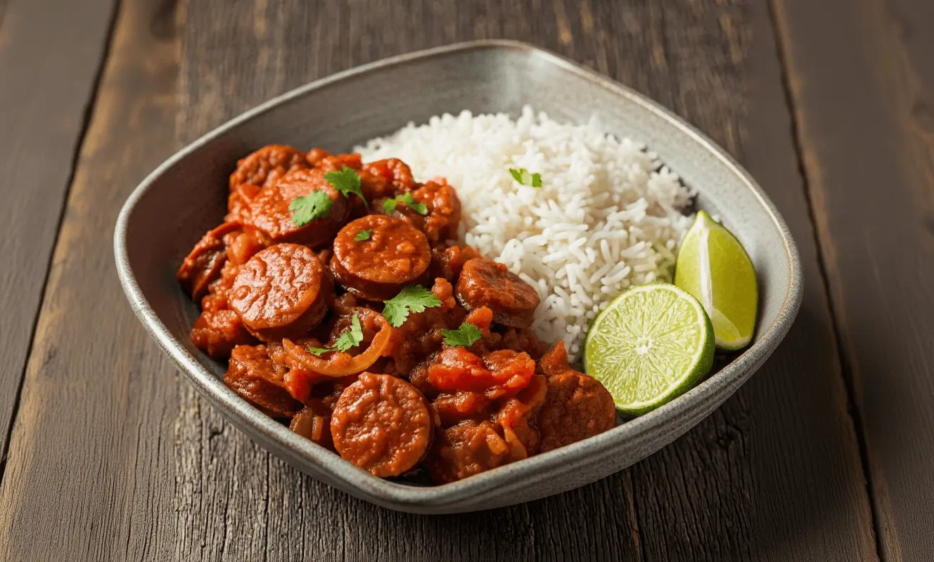 Notre recette rougail saucisse authentique dans une belle casserole avec riz basmati