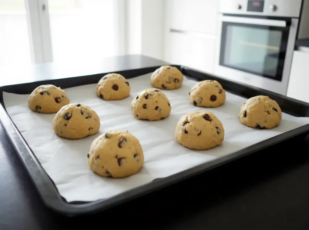 Boules de pâte à cookies disposées sur une plaque de cuisson avec papier sulfurisé avant enfournage