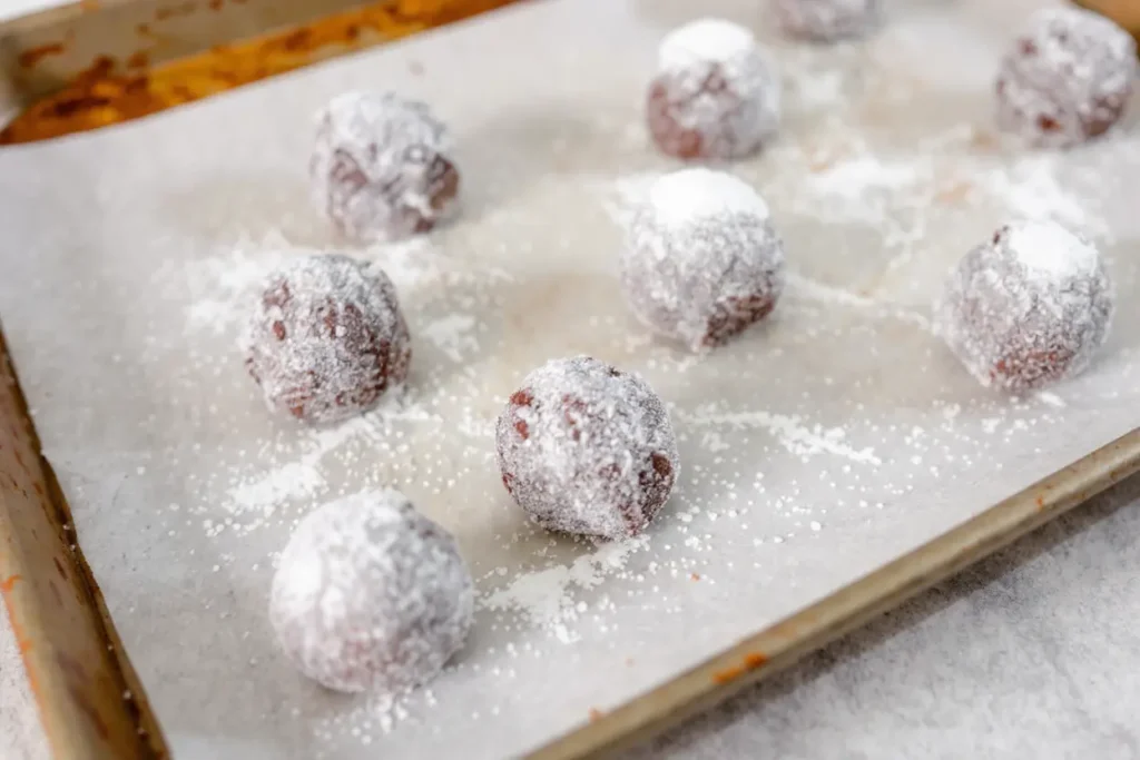 Boules de pâte à cookies au chocolat roulées dans du sucre cristallisé avant cuisson