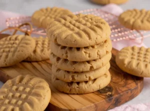 Stack de cookies au beurre de cacahuète moelleux avec marques de fourchette caractéristiques sur une planche en bois