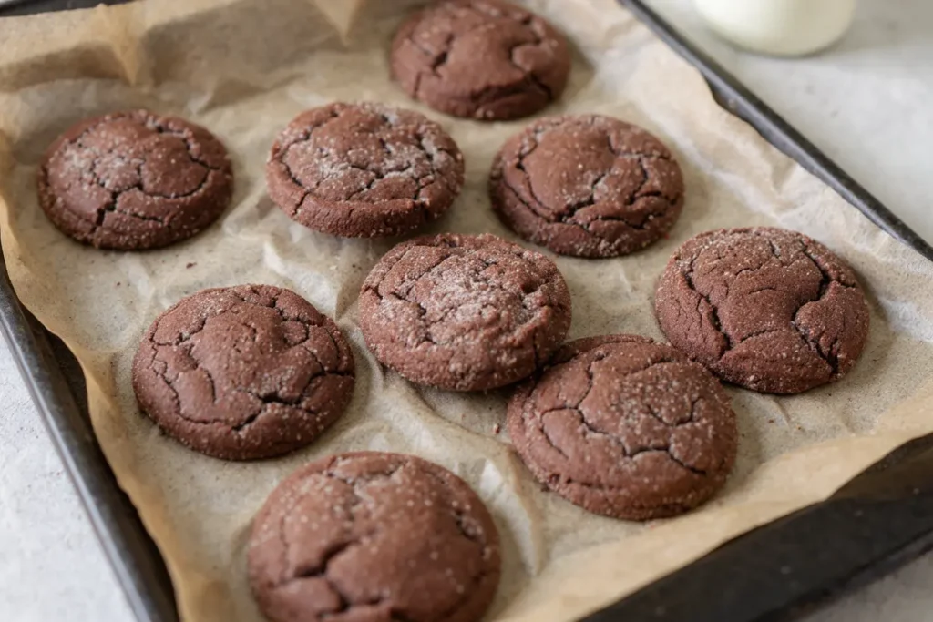 Cookies au chocolat tout juste cuits sur une plaque de cuisson, texture craquelée visible
