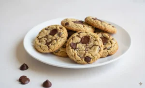 Cookies au chocolat sans œuf moelleux avec pépites de chocolat disposés sur une assiette blanche