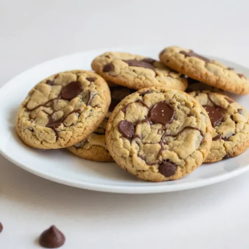 Cookies au chocolat sans œuf moelleux avec pépites de chocolat disposés sur une assiette blanche