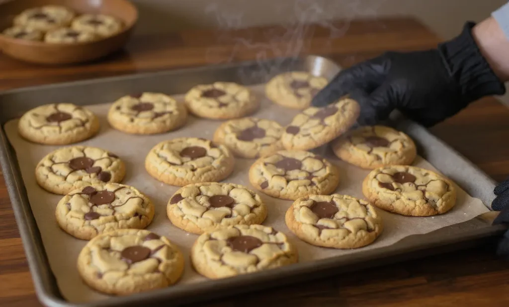 Cookies au chocolat sans œuf fraîchement sortis du four, légèrement gonflés avec centre moelleux